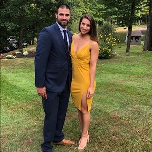 MUSTARD PLEATED SLIT BODYCON DRESS - LOVE CULTURE